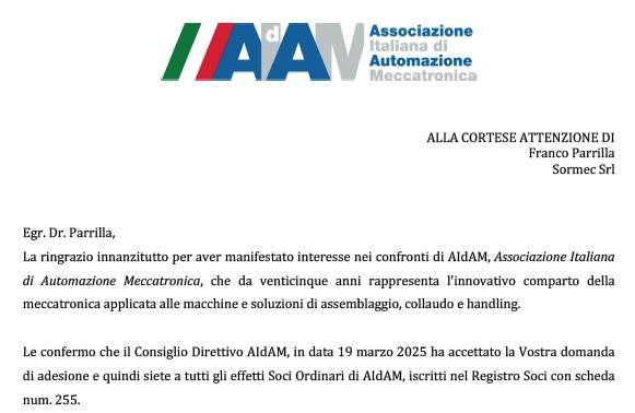INGRESSO DI SORMEC NELL'ASSOCIAZIONE AIDAM  (Associazione italiana di Automazione e Meccatronica)
