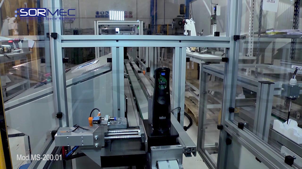 Pallet line for cable and button assembly with running-in and testing of motors for immersion blenders