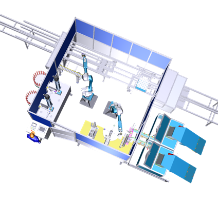 Robotic assembly cell for rotor shaft, bearings, pulley and banding of the magnet pack